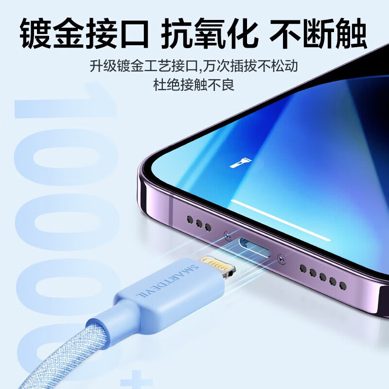 闪魔【优选好物】适用苹果【6-14通用】数据线快充线14promax手机Type-C充电ipad平板12适用13 紫色1.2米【彩虹编织线】PD20W快充|安全耐用