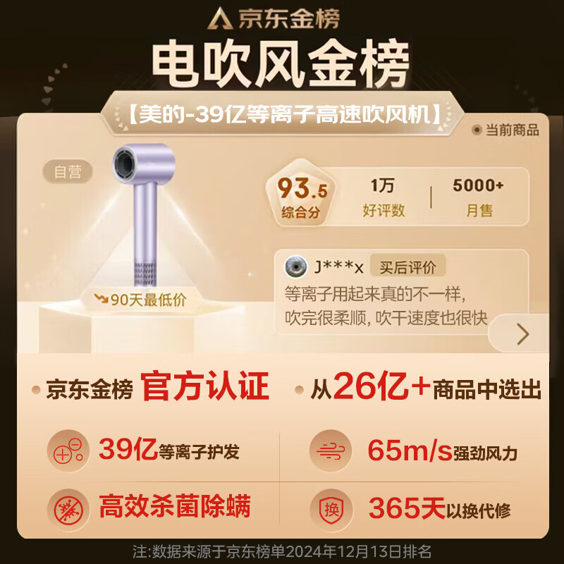 美的高速护发电吹风机高浓度亿级等离子护发电吹风不伤发吹风机女士专用不伤发静音速干电吹风筒 【轻音低噪】杀菌除头螨 流光白