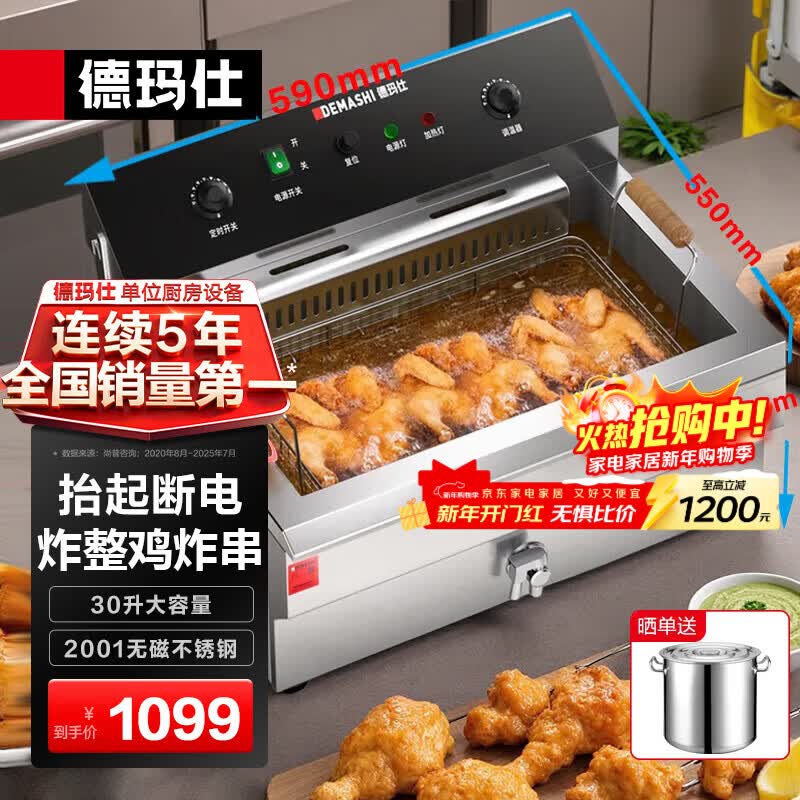 德玛仕（DEMASHI） 电炸炉商用 小吃油炸锅商用油炸机 油条机 薯条机 电炸锅 油炸炉 炸串机 炸鸡专用【单缸30升】DZL201V