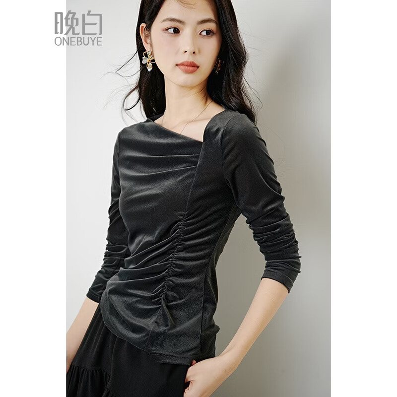晚白【断码清仓】时尚优雅丝绒上衣弹力抽褶修身亲肤打底衫女 深灰色 S