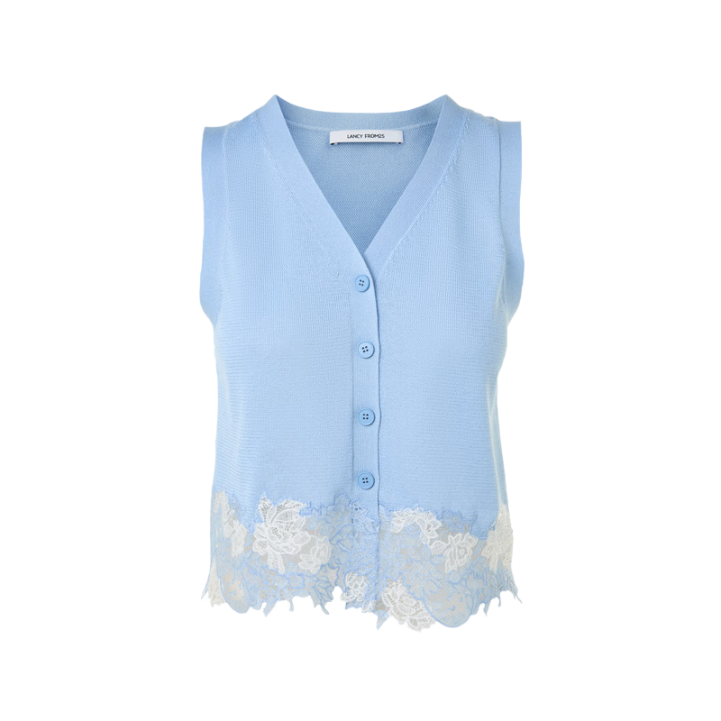 朗姿花朵拼接馬甲時(shí)尚高級(jí)感法式無袖背心上衣2026年春季新款馬甲 淺霧霾藍(lán)色 L