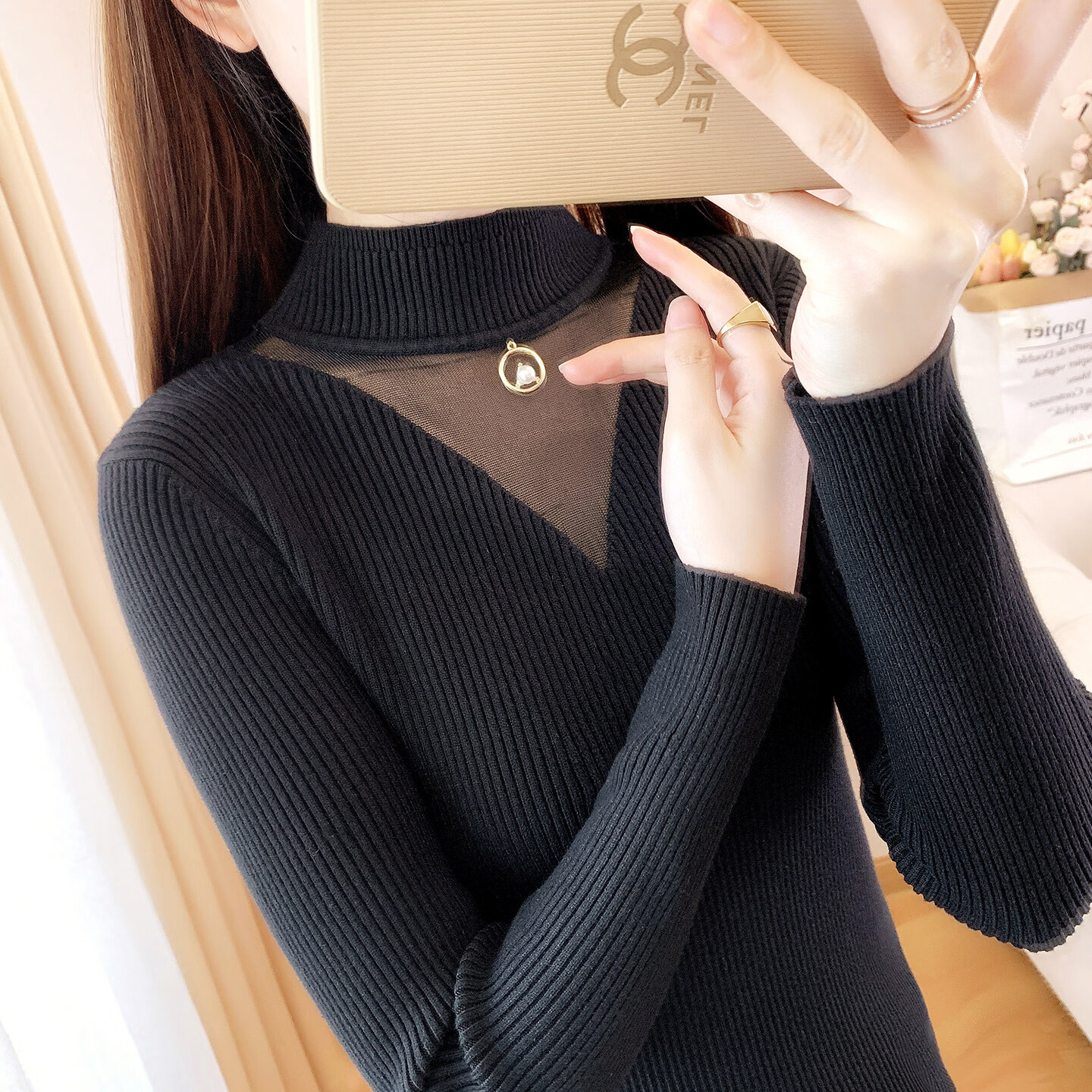 香影纯半高领打底衫蕾丝毛衣女套头2025秋冬新款显瘦内搭针织衫外穿上衣 圆领蕾丝白色 L (建议105-115斤)