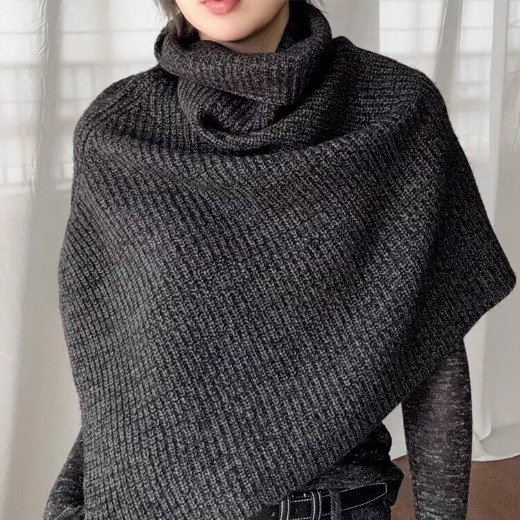 高级感超好看高领斗篷披肩毛衣女秋冬外穿慵懒风小个子针织衫上衣 深灰色