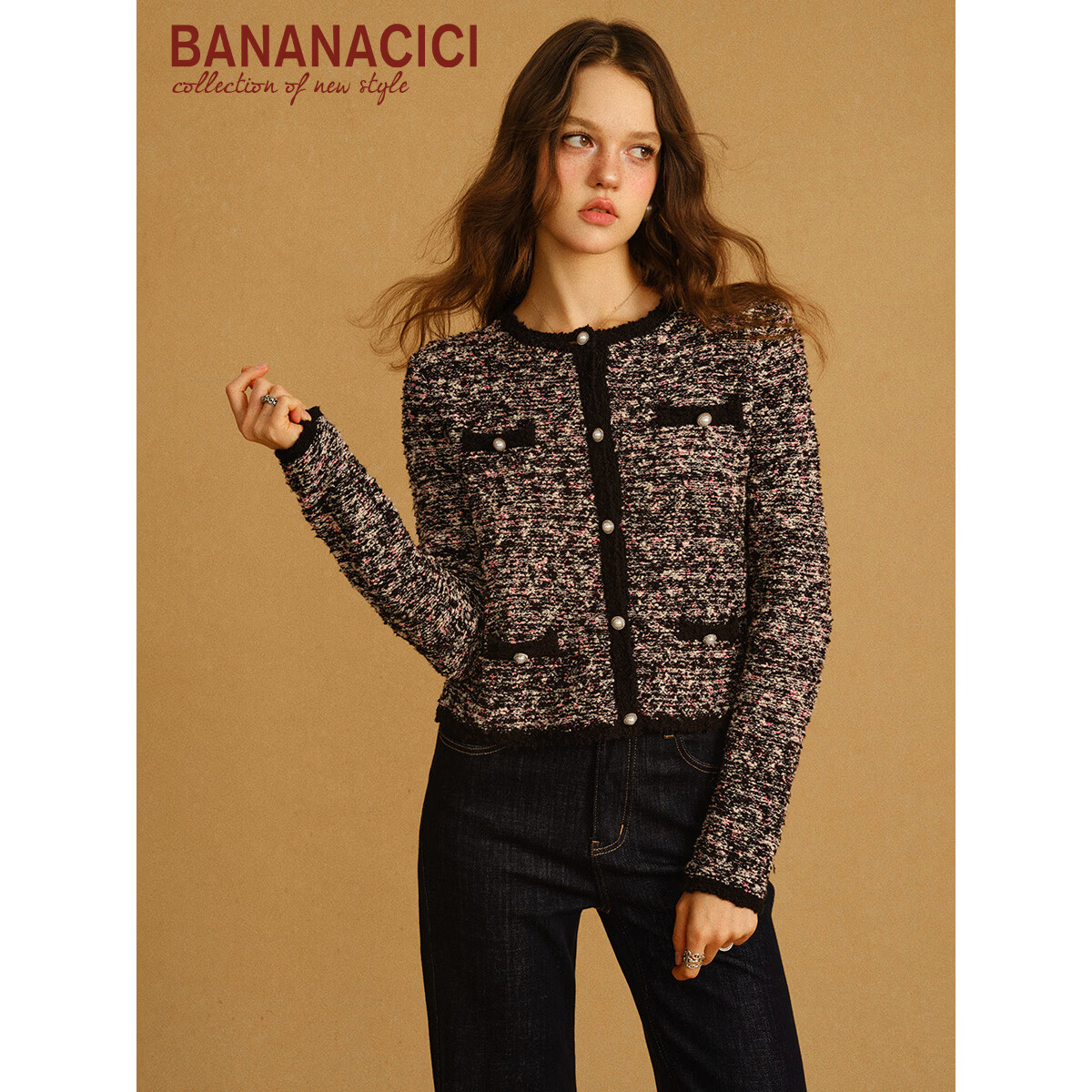 banana cici2026年春季新款小香风短款粗花呢圆领针织开衫外套C2S1MY539 黑色 L