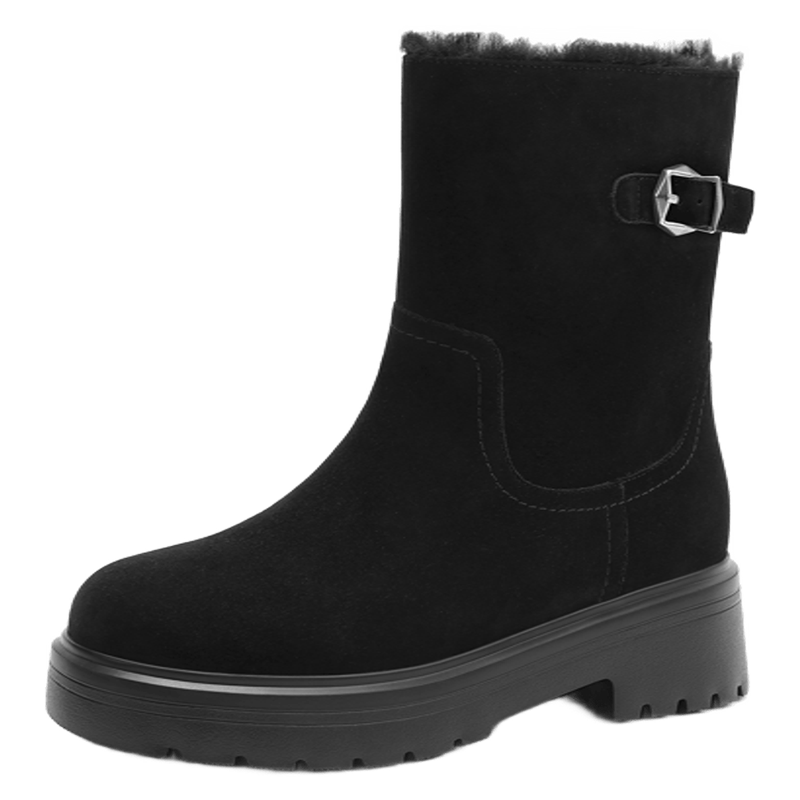 哈森時(shí)尚休閑經(jīng)典戶外雪地靴加絨保暖短靴女冬季HA259903 黑色 羊反絨面革/羊毛皮里/人造毛里 39