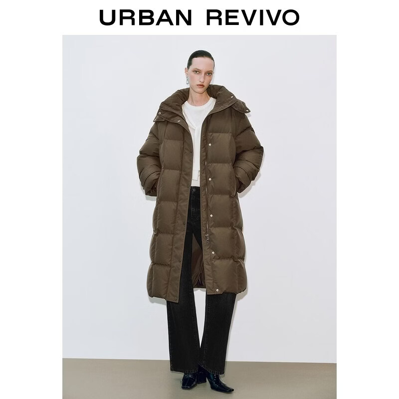 UR冬季新款女装气质连帽绗缝长款羽绒服UWG150056+ 深咖棕 M