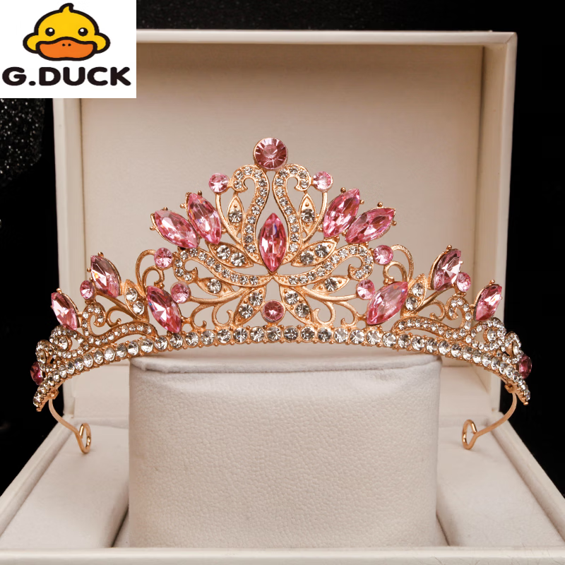 G.duck儿童皇冠女童生日头饰公主高端大气粉色水晶王冠发箍女孩演出发饰 粉色皇冠