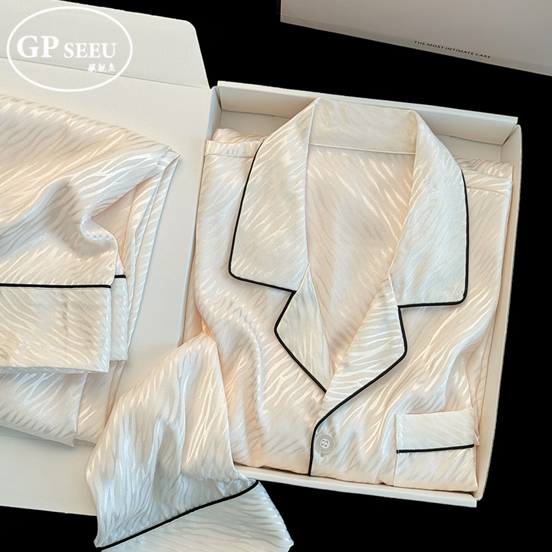 GP Seeu真丝情侣睡衣夏季新款休闲大牌风家居服送老公男友实用礼物礼盒装 浅米色【长袖长裤】 2XL 【男士 160-180斤】
