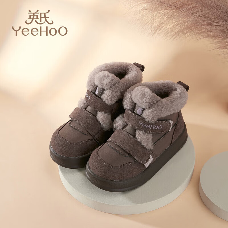 英氏(YEEHOO)童鞋加绒棉靴冬季2025新款中大童棉鞋户外休闲保暖雪地靴 卡其 37