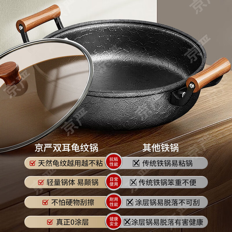 京严双耳平底锅加厚精铁炒菜锅家用老铁锅烙饼锅无涂层不粘龟纹煎锅 【十年质保】双耳带盖 适用2-5人 28cm 天然龟纹 | 不易粘锅 |进口极铁
