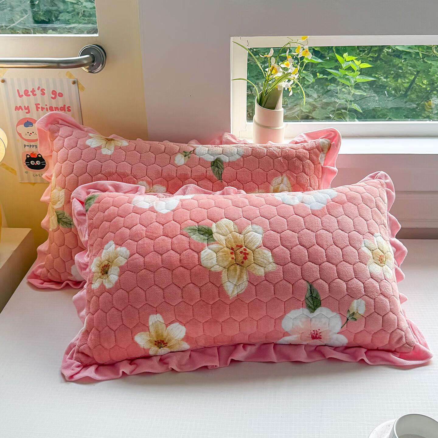 【精选厂家】A类高克重牛奶绒加厚枕套 秋冬季法兰绒单人枕芯套内 牡丹粉【加绒加厚/防静电】 枕套一对48*74cm