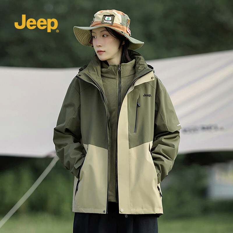 JEEP男装秋冬季新品男士户外运动三合一冲锋夹克上衣休闲连帽加绒外套 黑色 /抓绒内胆 4XL