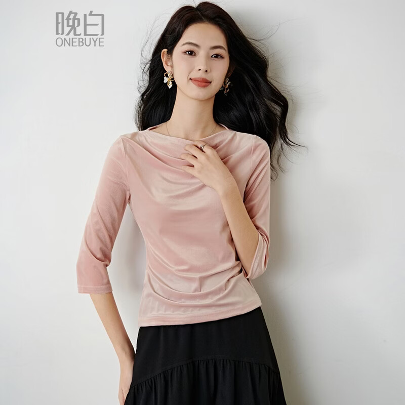 晚白【新品】2026年春款时尚优雅丝绒圆领上衣弹力修身亲肤打底衫女 藕粉色 M