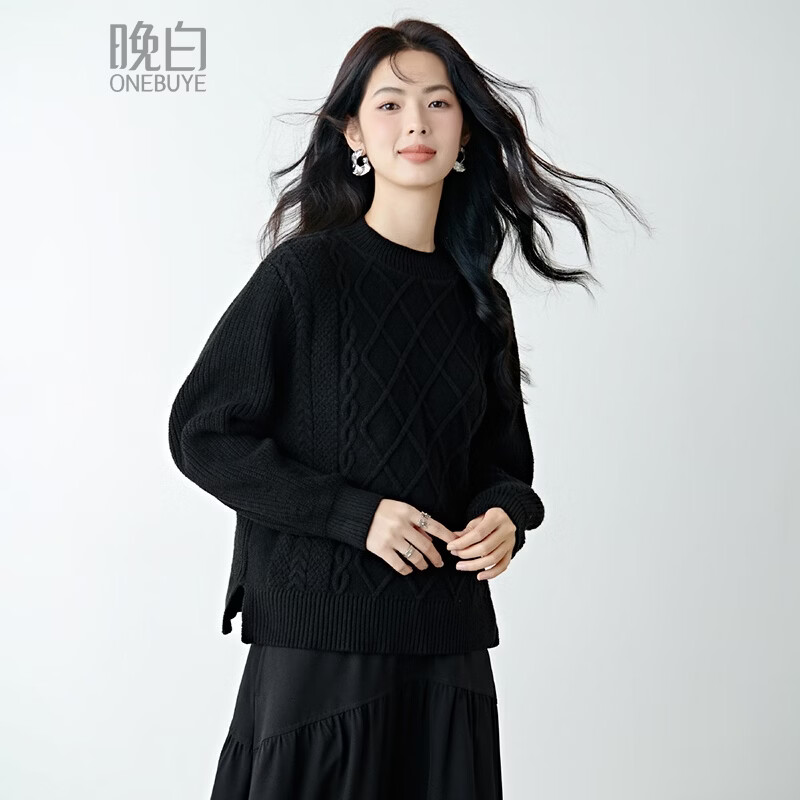 晚白【断码清仓】冬款经典圆领毛衣含羊毛柔软舒适百搭针织衫女 黑色 M