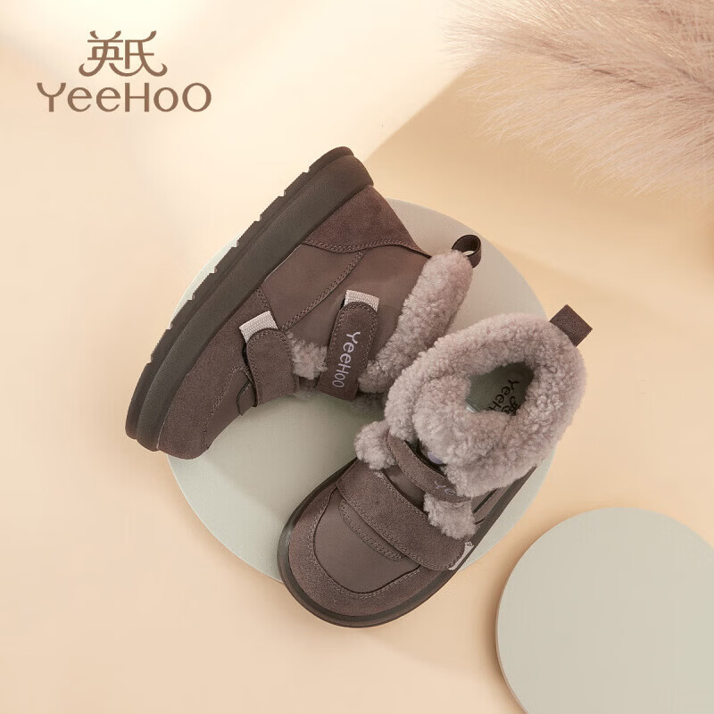 英氏(YEEHOO)童鞋加绒棉靴冬季2025新款中大童棉鞋户外休闲保暖雪地靴 卡其 37
