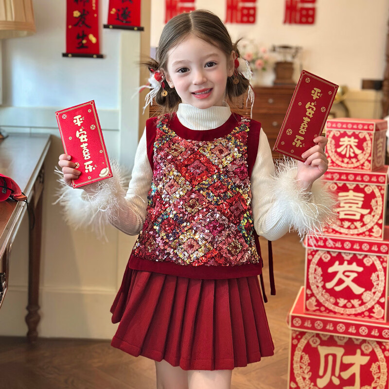 栀了成长记童装女童新中式国风唐装上衣2025冬季新年夹棉亮片马甲 红色 马甲 150