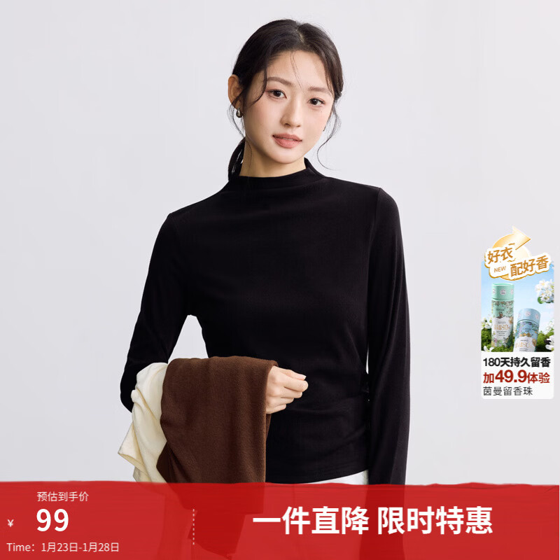 茵曼（INMAN）新年红色百搭半高领T恤女2026春季时尚抽褶收腰内搭打底衫 午夜黑 M