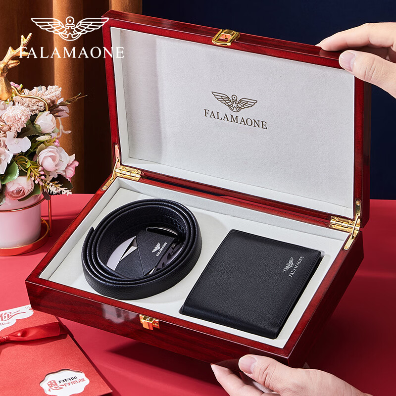 FALAMAONE法莱阿玛尼短款男士钱包真皮商务头层牛皮情人节礼物送男朋友老公 钱包皮带套装二【实木礼盒】 代写贺卡打印照片联系客服