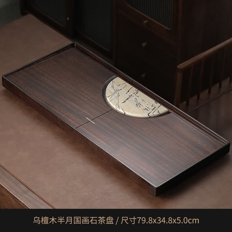 尚言坊烏檀木國畫石茶盤整塊茶盤家用客廳辦公室瀝水功夫茶盤臺 烏檀木半月國畫石茶盤