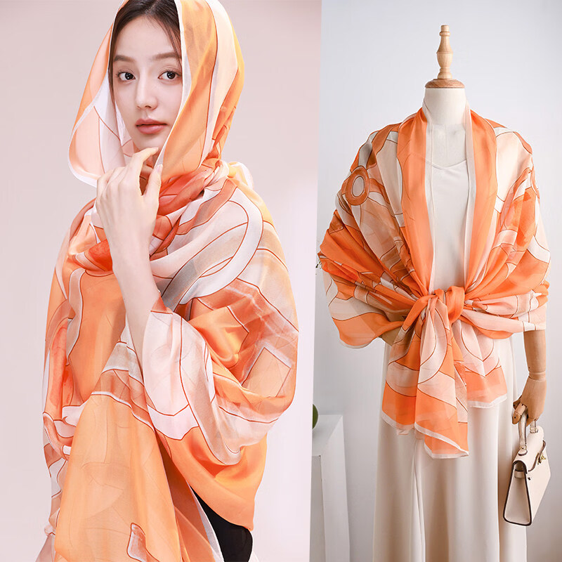 杭絲路絲巾女2025新款夏季薄款防曬沙灘大披肩旅游外搭海邊圍巾夏天 陽光之舞_橘色鏈條（雪紡大披肩）