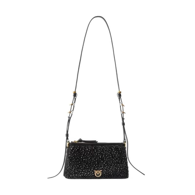 PINKO品高女士迷你單肩包雙拉鏈隔層輕便收納可手提可肩背黑色水鉆面料 黑色 TU