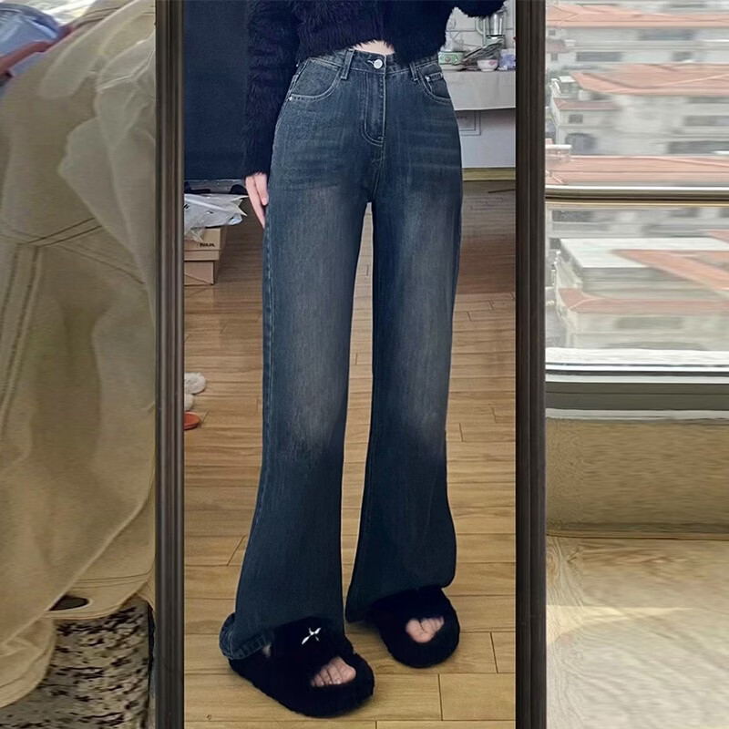 WAMLBN秋冬美式复古大码胖mm百搭显瘦加绒加厚牛仔裤女气质微喇裤韩版潮 黑灰色（加绒） 2XL