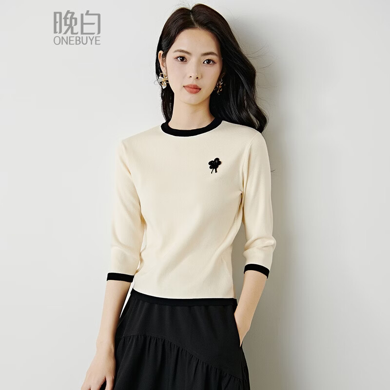 晚白【新品】2026年春款时尚撞色圆领上衣莱赛尔亲肤柔软百搭针织衫女 米杏色 M