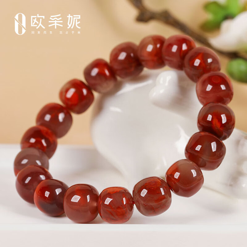 欧采妮(OUCERNY)南红手串收藏级天然凉山妖花牛血红火焰纹玛瑙大桶珠手链本命年 天然南红 一物一证