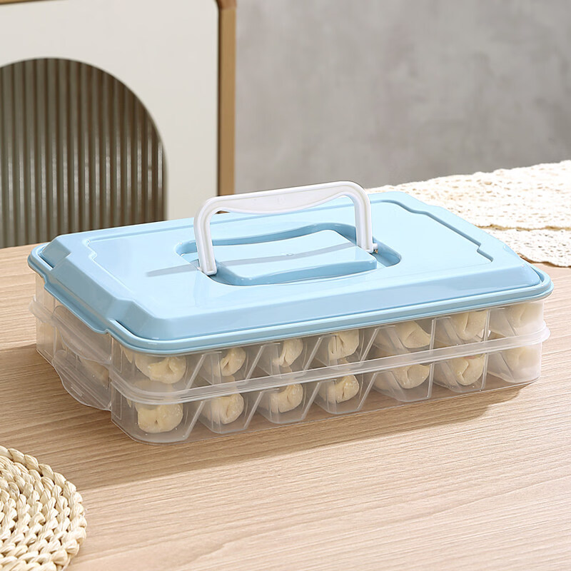 胖东来同款饺子冷冻盒保鲜盒 饺子盒分格家用冰箱速冷冻收纳盒多 蓝色-2层1盖-分格42格