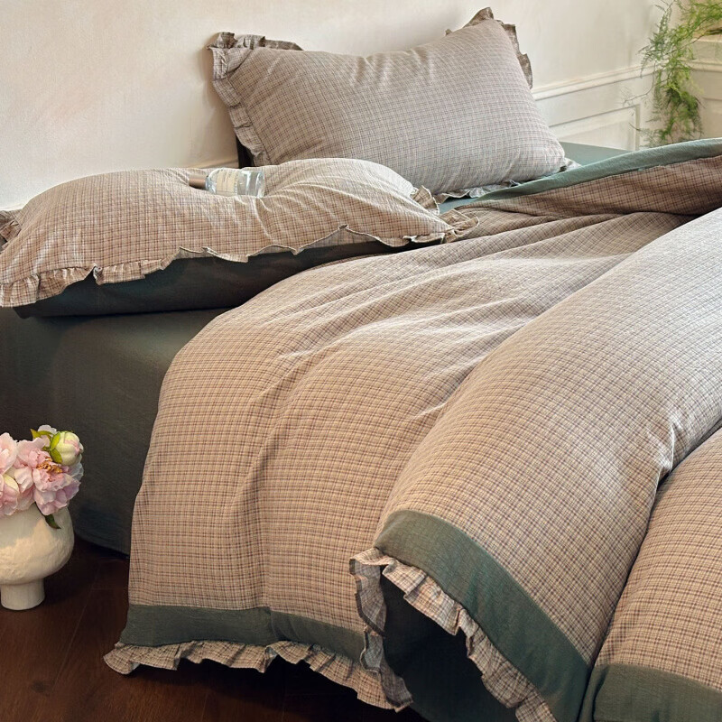 水星家纺床上四件套纯棉床单被套印花边亲肤棉裸睡四季床上用品 往事-深灰色 床单款 2.0m四件套