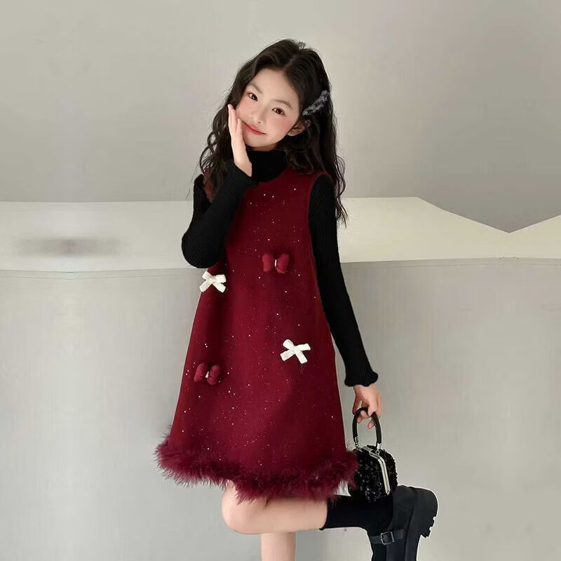 甜贝星女童红色连衣裙秋冬季2025新款女孩拜年服儿童超好看加绒裙子套装 黑色套装 170