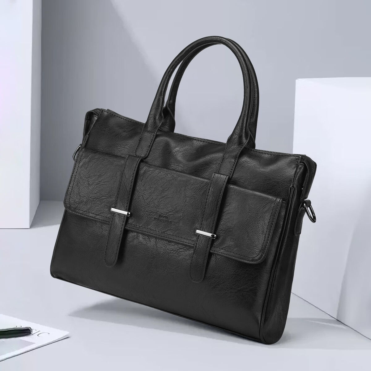 马克华菲男士公文包商务手提包 14英寸电脑包 办公出差律师大容量单肩斜挎 纹理黑 14英寸