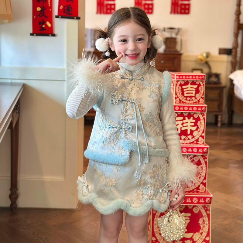 栀了成长记女童装国风甜美加厚套装2025冬季儿童新中式保暖两件套 蓝色 套装 120 cm