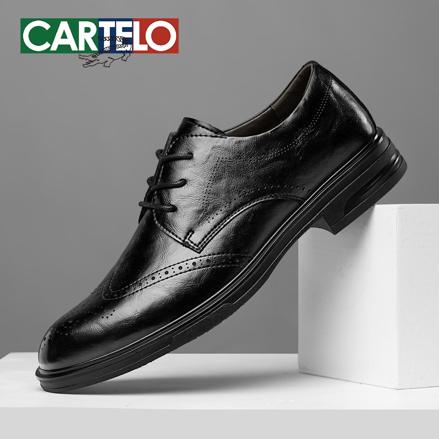 卡帝乐鳄鱼(CARTELO)棕色皮鞋男布洛克商务英伦风德比鞋男时尚软底新郎婚礼增高正装鞋 黑色 44 (270mm) 标准皮鞋尺码