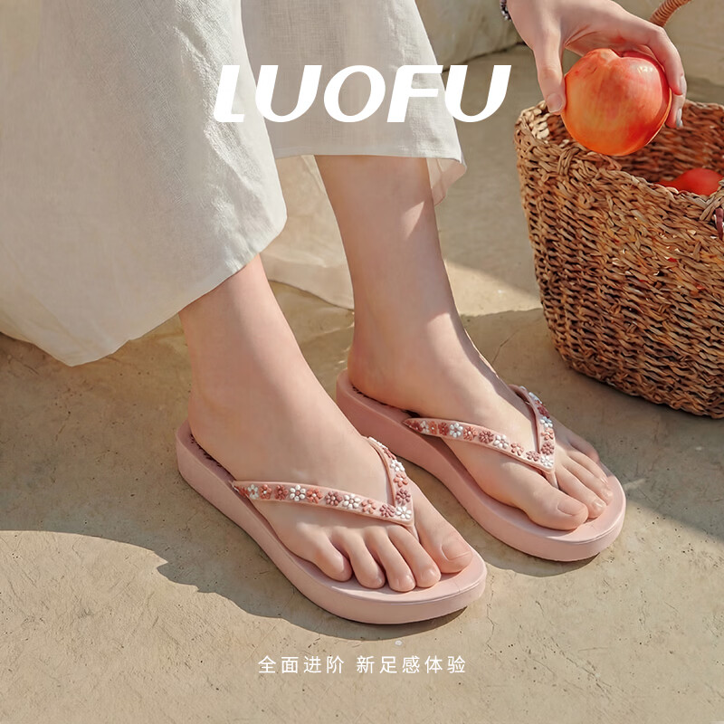 罗敷（Luo Fu）新款女士人字拖女夏外穿防滑度假海边小碎花文艺夹趾花边凉拖鞋 黑色 35