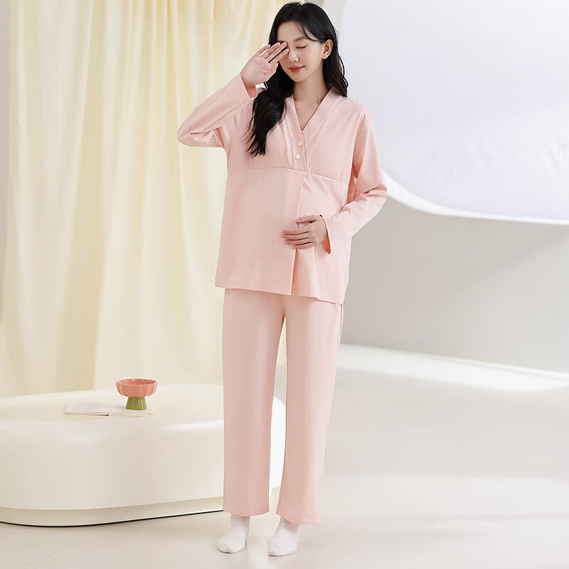 古今（GUJIN）月子服春秋纯棉哺乳期睡衣套装产后方便喂奶产妇哺乳家居服 蓝色-带胸垫纯棉 2XL（推荐体重：130-155kg）