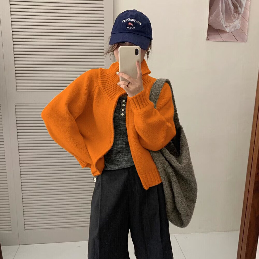 【爆款热卖】慵懒风毛衣外套女秋冬简约宽松立领拉链针织开衫上衣 桔色 厚款 均码 建议（90-145斤）