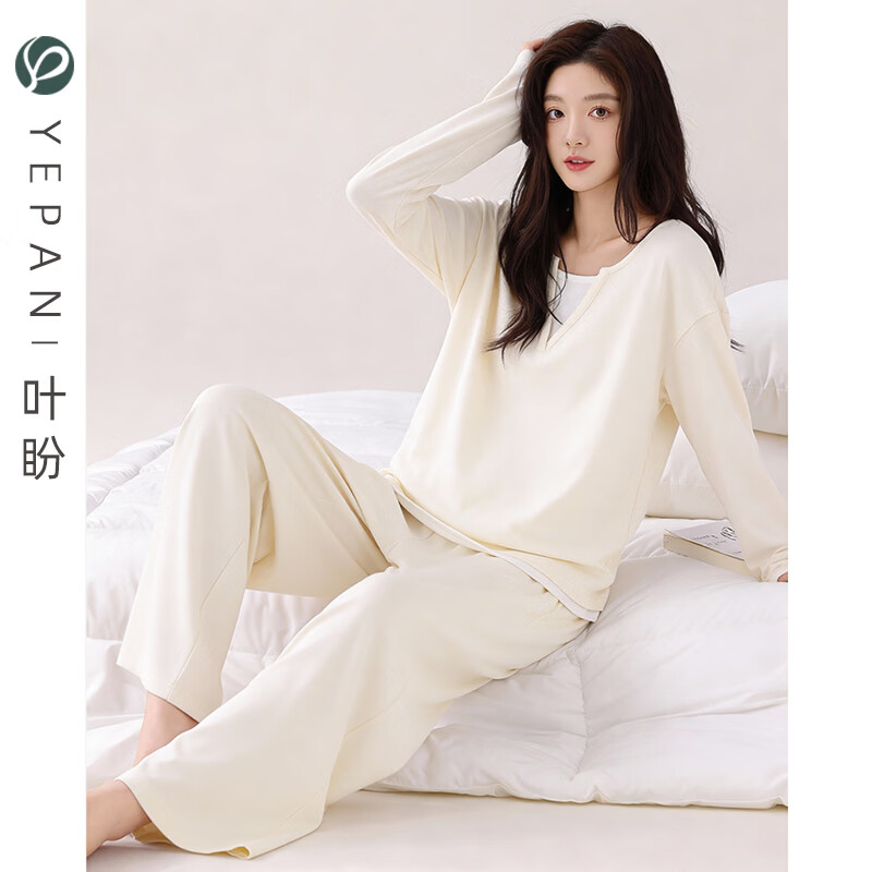 叶盼（yepan）【柔软】睡衣女纯棉春秋季套头女款宽松大码可外穿女士家居服套装 7603-奶黄 M (160) ：建议80-100斤穿着