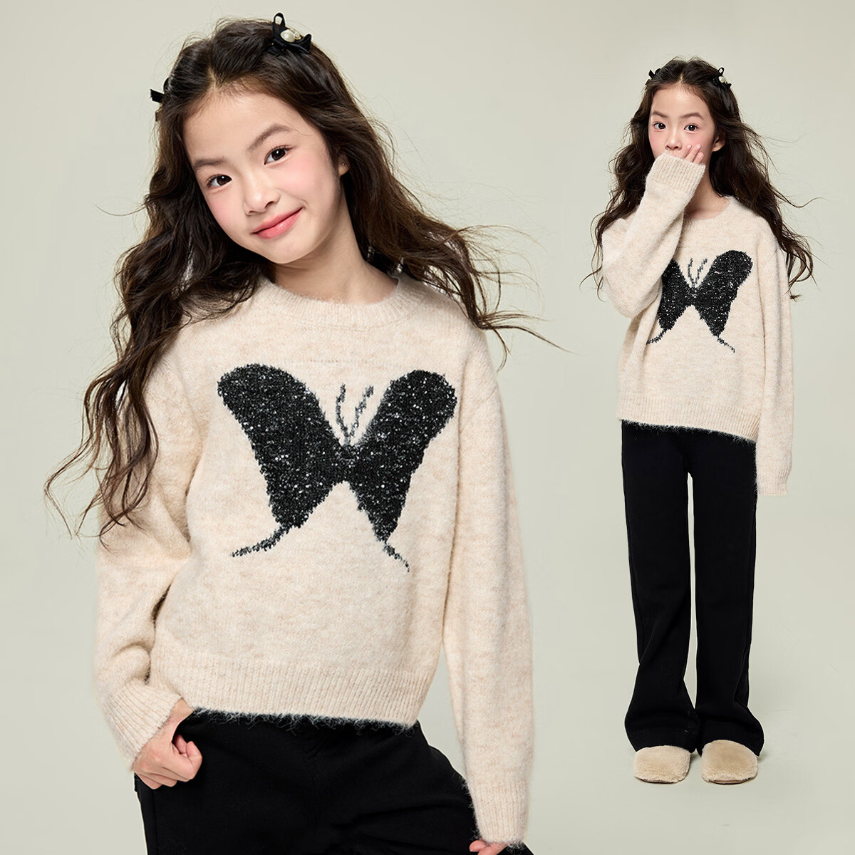媛媛公主【含羊毛】女童甜美亮片蝴蝶结毛衣25冬新款儿童软糯套头厚上衣 杏色 110