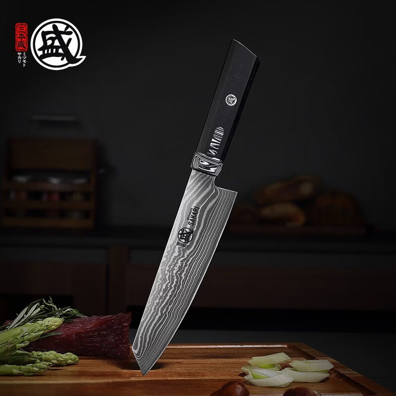 三本盛日本牛刀切付刀大马士革菜刀粉末钢进口厨师房专用刀具 黑色 60