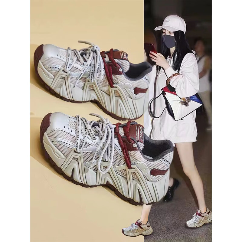 蓝晨语依巨好看老爹鞋女款春季2026新款爆款超火加绒休闲运动厚底增高鞋子 银色 单层 37 (235mm)