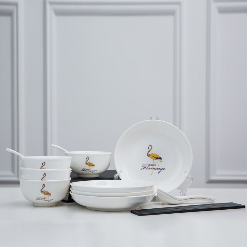 家用日式风格餐具碗碟套装家用一家三口简约创意个性饭碗陶瓷碗筷盘子 火烈鸟16件套