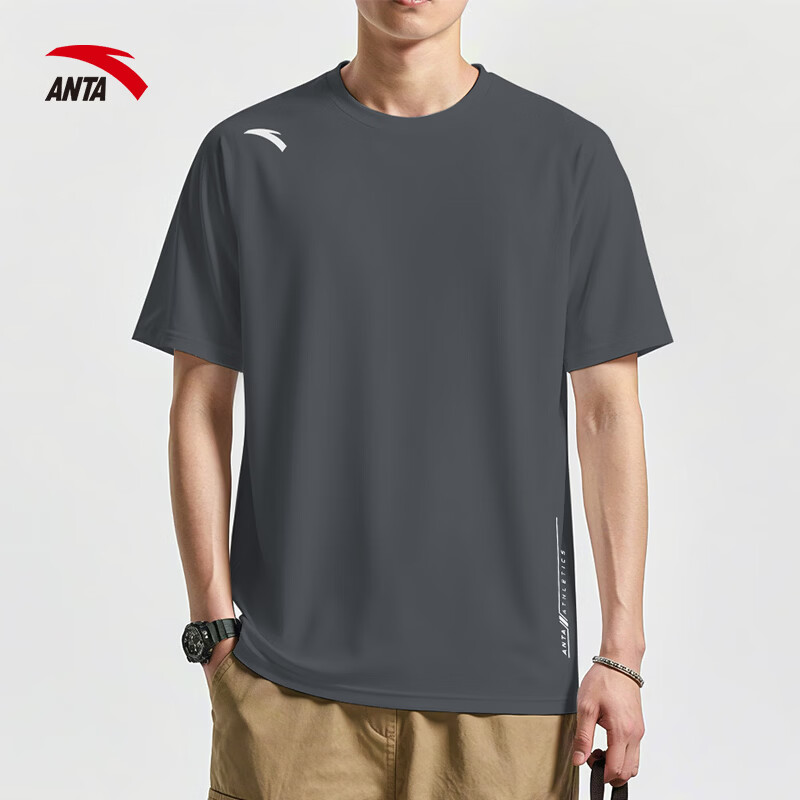 安踏短袖男t恤2026夏季新款白色圆领LOGO半袖透气休闲上衣运动服男装 【冰丝速干-肩膀潮流标】男装灰 XL /180