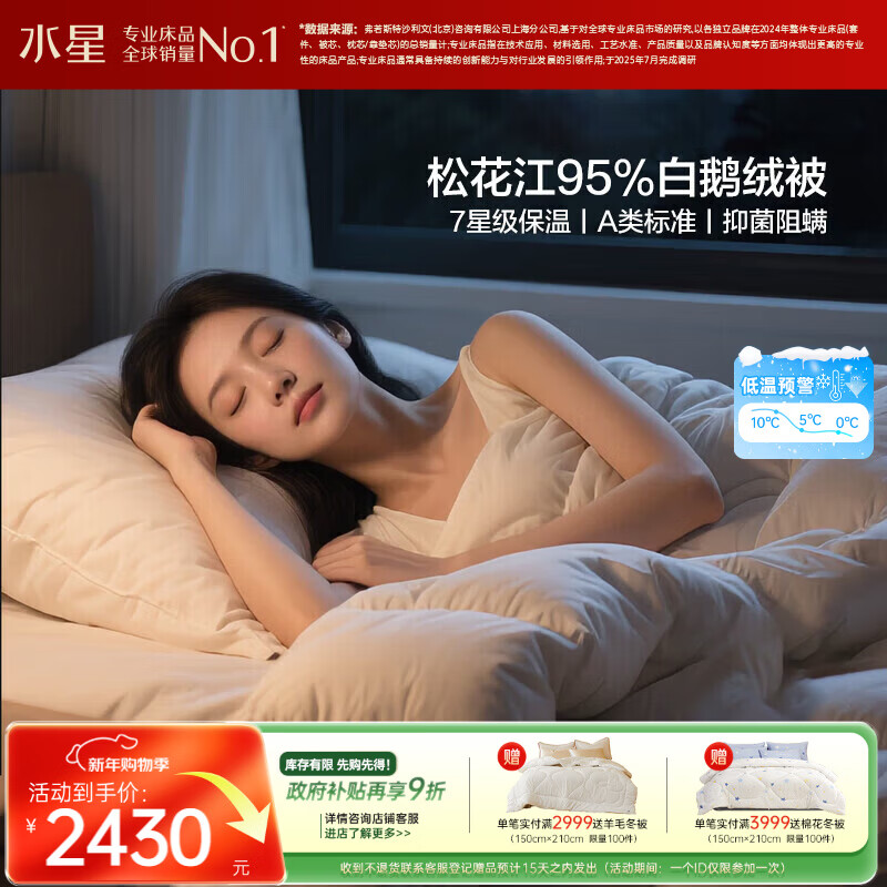 水星家纺羽绒被95%白鹅绒被子冬季加厚冬被芯双人羽绒被200cm×230cm
