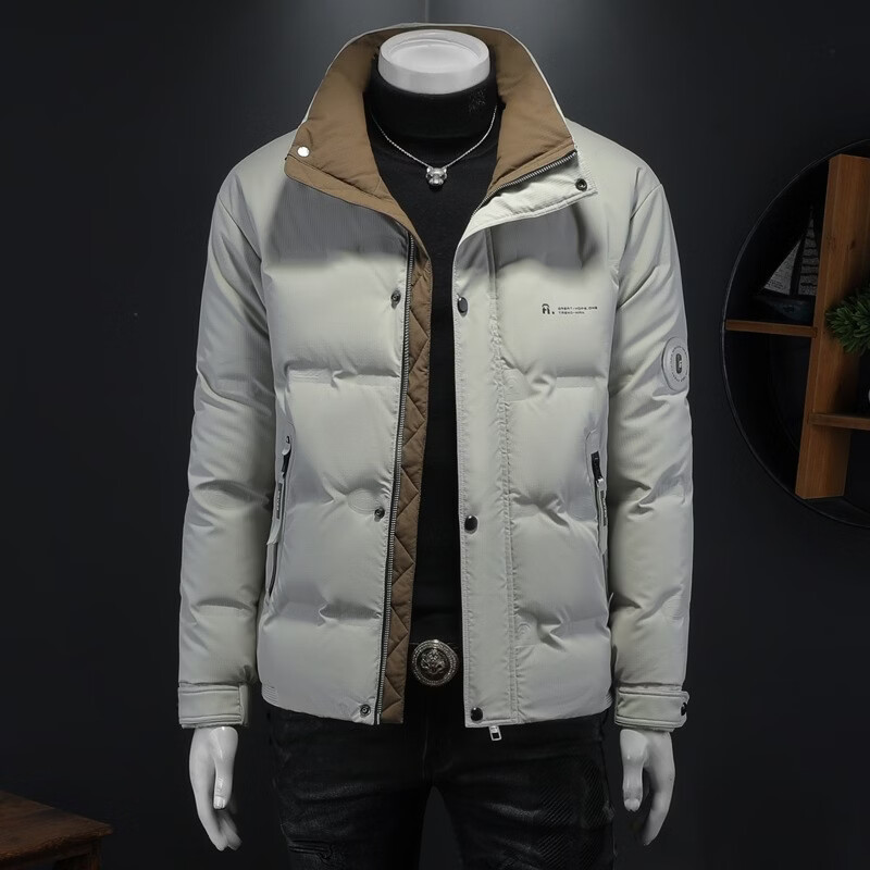 【时尚新品】冬季新款男士休闲羽绒服短款立领加厚保暖夹克外套 95855灰色 2XL 建议135-150斤