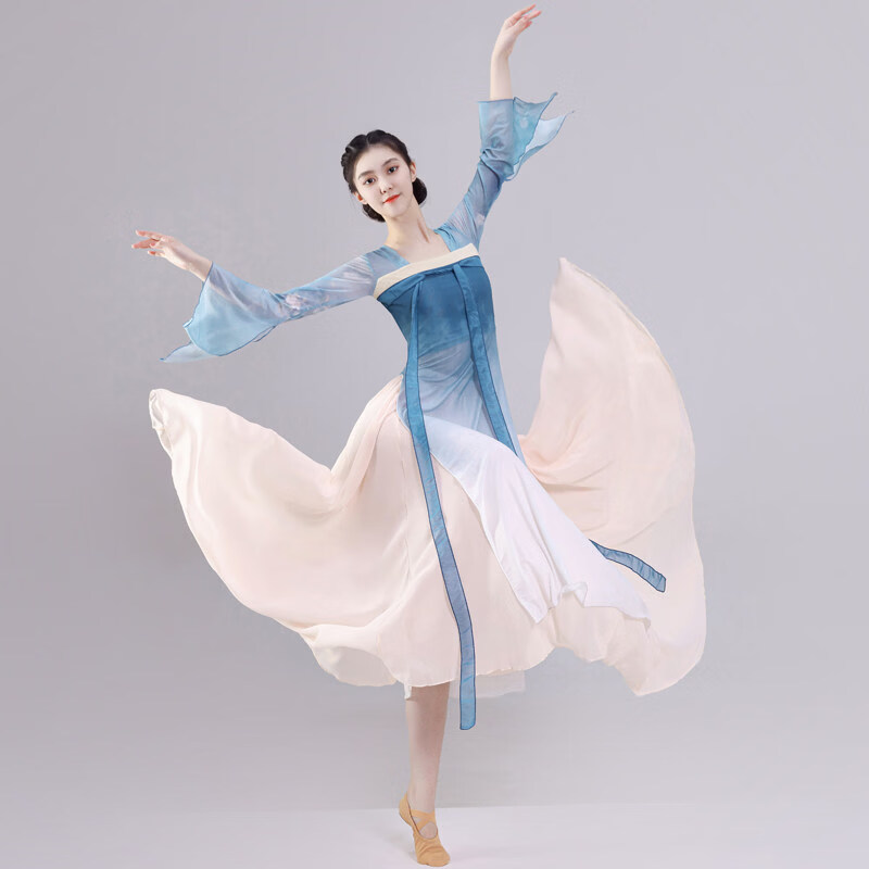 汉服古典舞舞蹈服女身韵纱衣汉唐齐胸飘带古风飘逸 山海蓝单纱衣 S