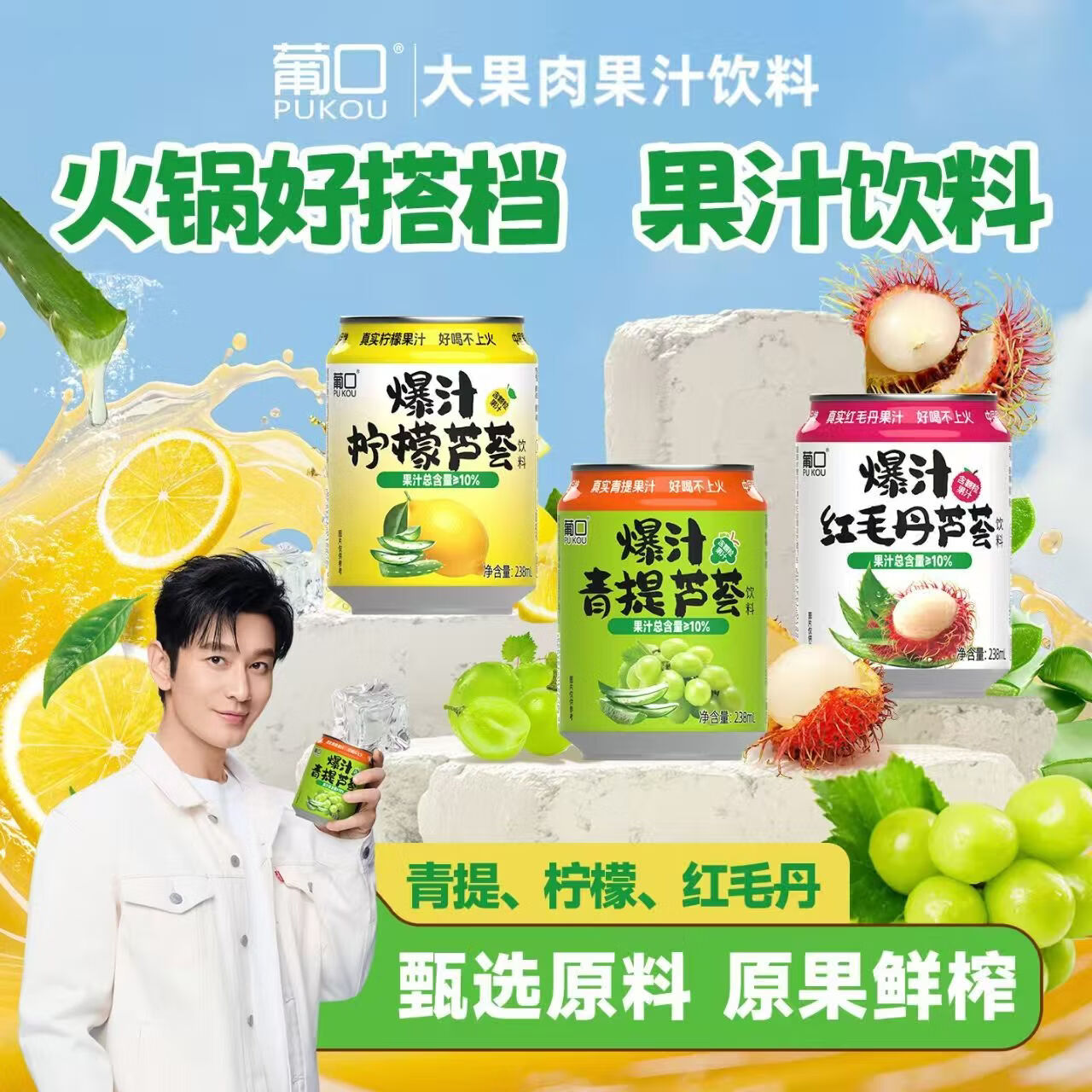 葡口果肉果汁饮料柠檬青提红毛丹芦荟复合爆汁饮料原料新鲜果粒饱满 【青提芦荟】238ml*10罐/箱 【破损包赔】