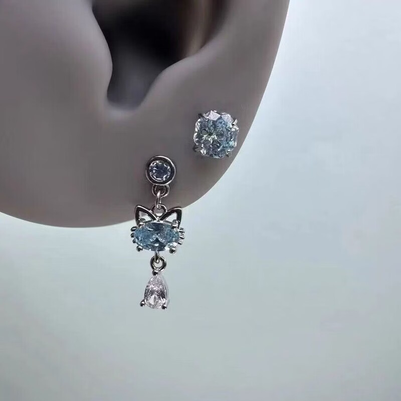 KZD老凤凰Vintage古着灵猫钛钢耳骨钉小众设计独特ins风猫咪吊坠耳饰 灵猫钛钢螺旋钉【一对】蓝色