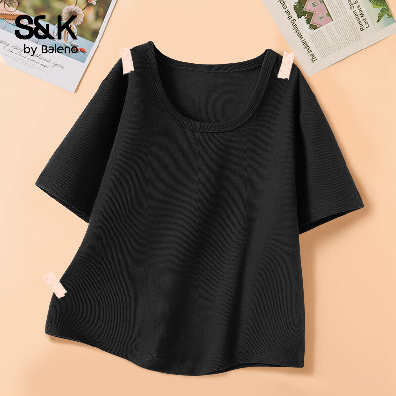 班尼路（Baleno）S&K圆领罗纹短款短袖T恤女2026年夏季女装新款紧密细致纯欲风上衣 黑#纯色 XL 京东折扣/优惠券