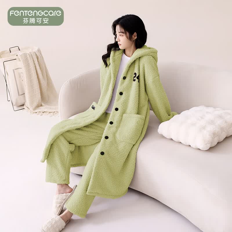 芬腾可安（FENTENGCARE）【M】情侣睡衣秋冬款珊瑚绒冬季女法兰绒加绒加厚 M61047 L【睡袍+裤子】